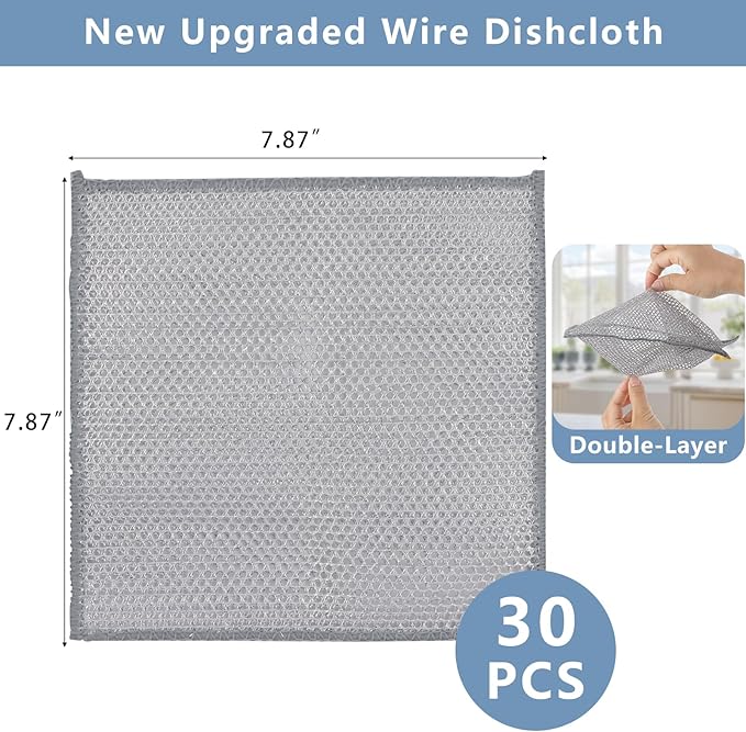Tecbeauty 30Pcs Multipurpose Wire Dishwashing Rags for Wet and Dry, 7.87" x 7.87" Non Scratch Steel Wire Dishcloth, Double Layer Reusable Metal Cleaning Cloth for Cookware, Sinks, Dishes, Stove Tops