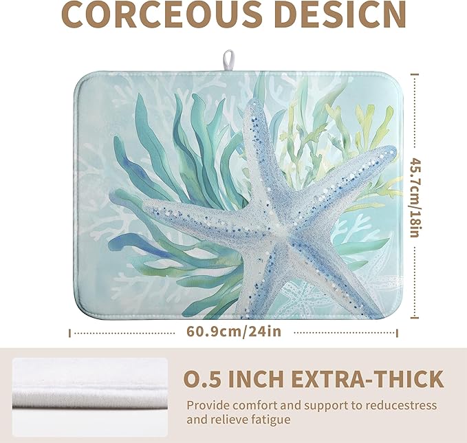 Summer Coastal Dish Drying Mats for Kitchen Counter Nautical Beach Starfish Coral Drying Pad Ocean Teal Blue Dish Draining Mats Absorbent Microfiber Dish Drainer Rack Mat Extra Large 18"x24"