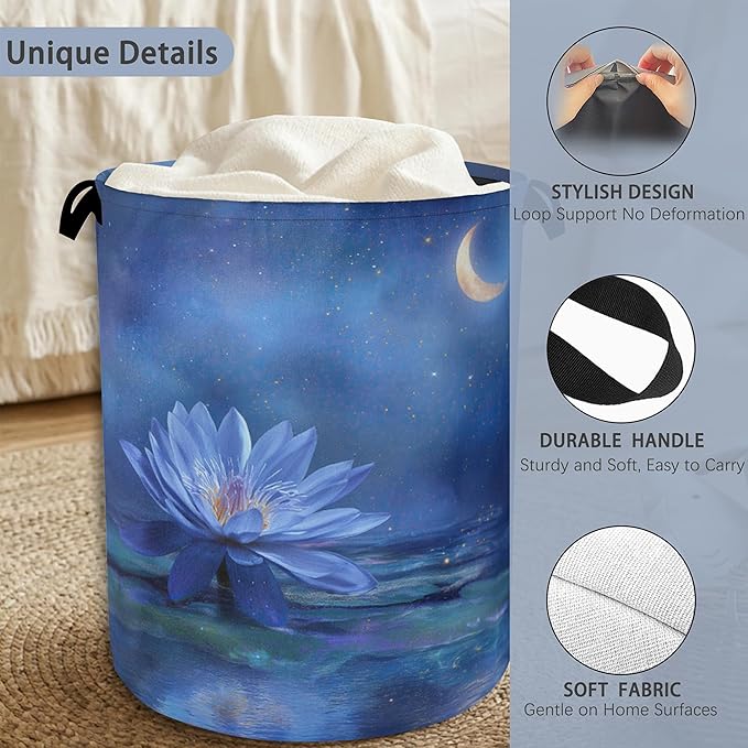 Water Lily Laundry Basket,Moon Oxford Cloth Laundry Hamper with Handle Foldable Portable Clothes Storage Basket for Bathroom Bedroom Dorm Room 16" x 20.8"