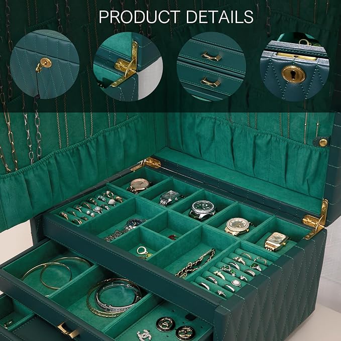Genuine Leather Jewelry Box – 3 Layer Large Jewelry Organizer with Mirror, Lockable Jewelry Box for Women – Necklace, Ring, Earring Organizer with Drawer - Valentine's Day Gifts(Green)