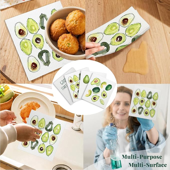 LARTSFRO Avocado Swedish Dishcloths for Kitchen, Swedish Dish Cleaning Cloths for Friut, Papaya Reusable Paper Towels, 4 Pack Dish Towels for Kitchen, Reusable Sponge Cloths Washable