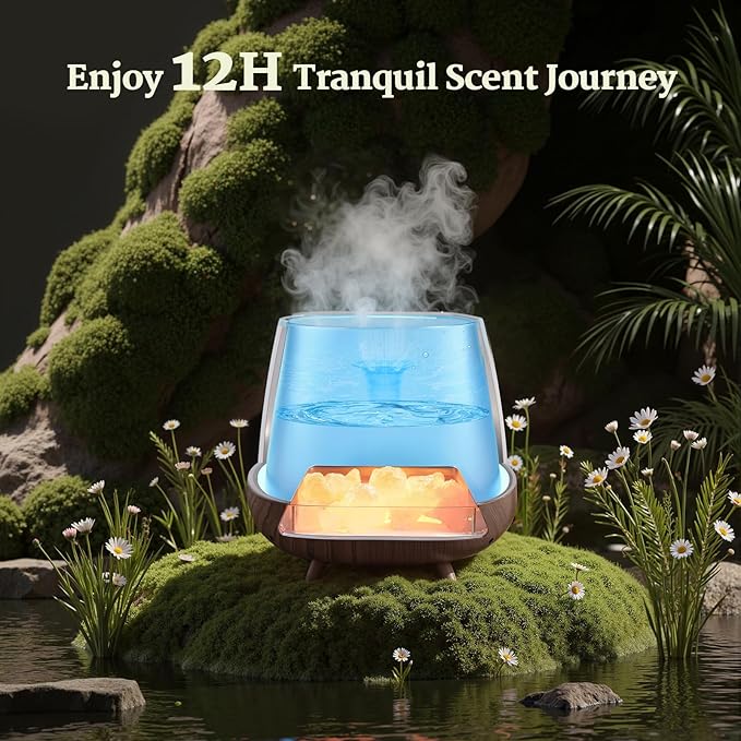 Essential Oil Diffuser for Home: 200ml Aromatherapy Diffuser with Himalayan Pink Salt Rock, Cool Mist Humidifier with Auto Off Function and 9 Colors LED Night Light for Bedroom, Black