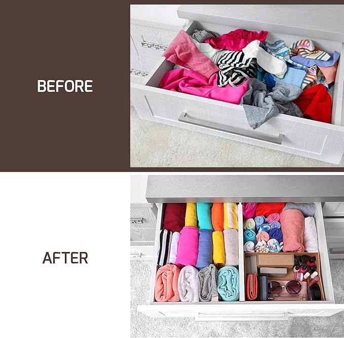 6 Pack Bamboo Drawer Dividers - 17" to 21.5" Expandable Adjustable Drawer Organizer for Kitchen Utensils, Large Drawer Divider, Clothes, Dresser, Bedroom, Bathroom, Desk Drawer Separator Set (White)