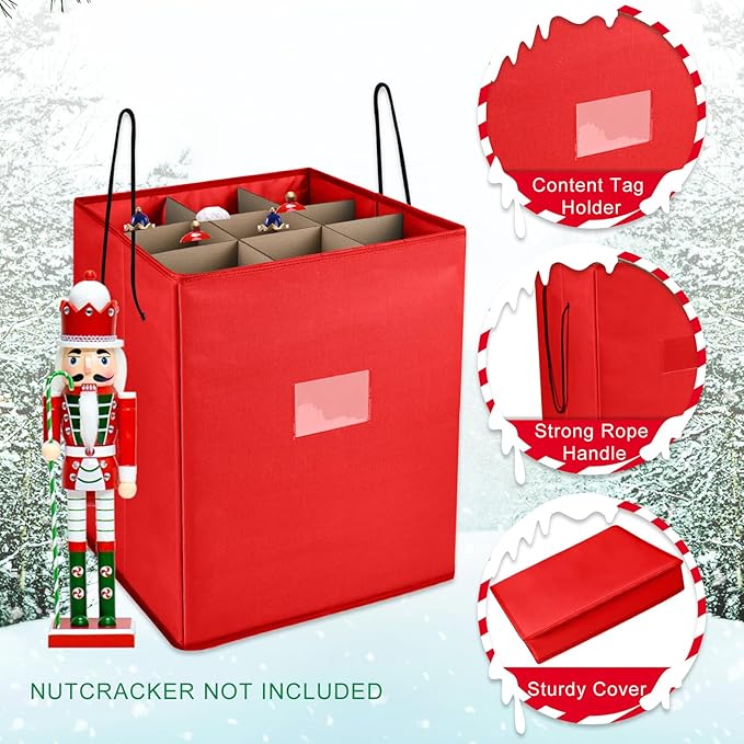 Christmas Nutcracker and Figurine Collectible Storage Box, Fits 9 Holiday Ornaments, Stores Up to 16" Tall Ornaments, Holiday Decor Organizer with Dividers, Nutcracker not Included(Red)