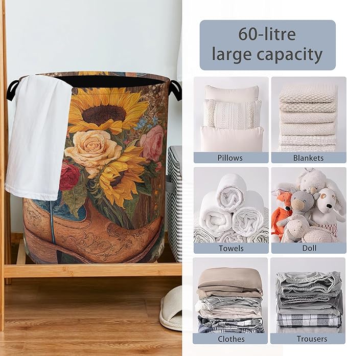 Cowboy Boots Laundry Basket,Wooden Sunflowers Foldable Oxford Cloth Tote Bag Laundry Hamper Clothes Storage Bucket Organizer for Bedroom Laundry Storage Dormitories 16" x 20.8"