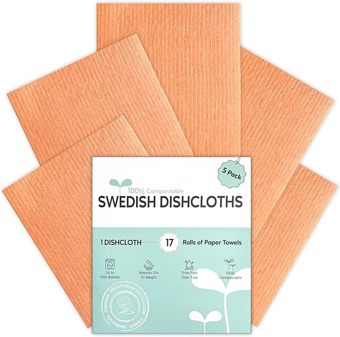 Auggee Swedish Dishcloths for Kitchen, 5 Pack Swedish Dish Cloths, Ultra Absorbent Reusable Paper Towels, Cellulose Sponge Cloths, Quick Drying, No Odor, Dishwasher Safe Orange