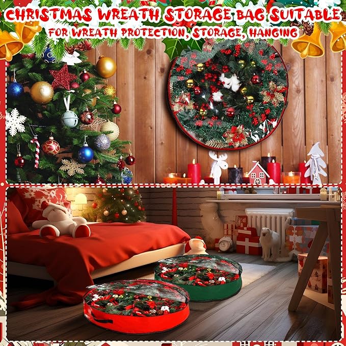 Aliceset 4 Pack Wreath Storage Containers, Christmas Ornament Garland Wreath Storage Bags with Handle Dual Zipper Large Decorative Storages Box for Winter Wreaths(36 x 36 x 7.8 Inch,Red, Green)