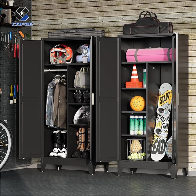 COFaR Wardrobe Closet with Doors, Metal Bedroom Armoire with Adjustable Hanging Rod and Shelves, Farmhouse Broom Closet Storage Cabinet for Garage Laundry Office, 70.87" H x 31.5" W x 17.72" D, Black
