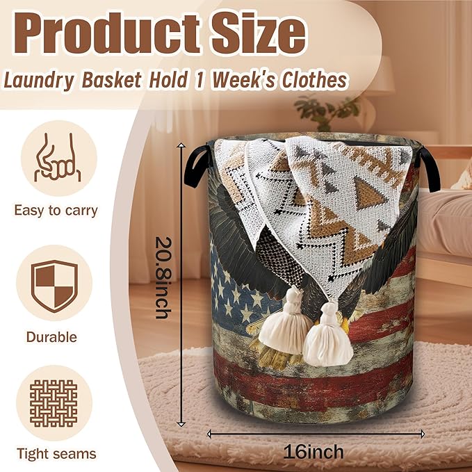 American Flag Eagle Laundry Basket,Waterproof Foldable Laundry Hamper,Dirty Clothes Basket, Linen Bin Storage Organizer Collection 16" x 20.8"