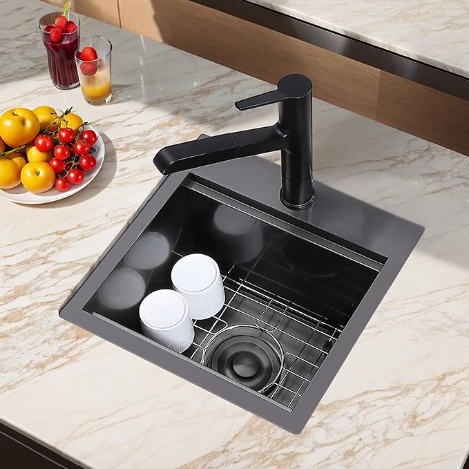 VCCUCINE Gunmetal Black Bar Sink Drop in, 15x15 Inch Topmount RV Small Kitchen Sink, 16 Gauge Stainless Steel Wet Bar Sink, Top Mount Outdoor Single Bowl Prep Sink with Cutting Board & Strainer