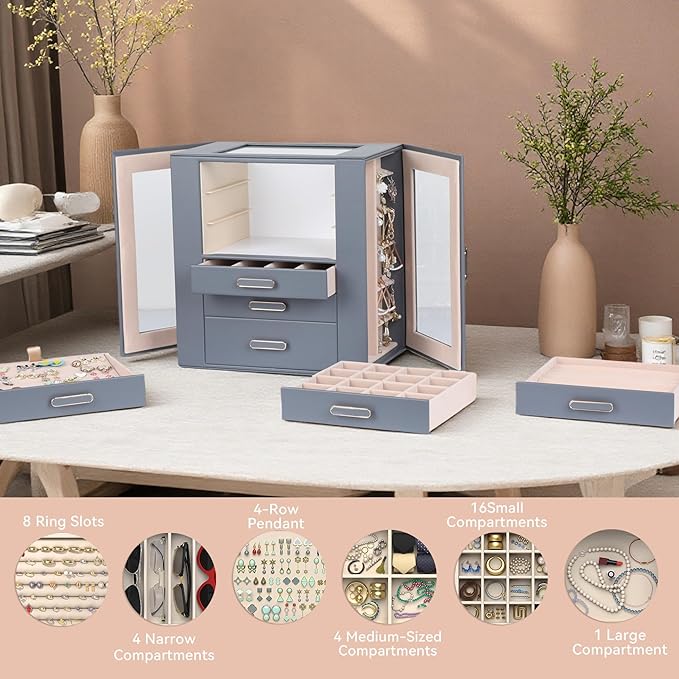 Jewelry Boxes for Women, 6 Layer Jewelry Organizer with Glass Lids, Jewelry Holder Organizer with 5 Drawers and 2 Glass Doors for Jewelry Storage, Big Jewelry Box for Womens Gift (Grey)