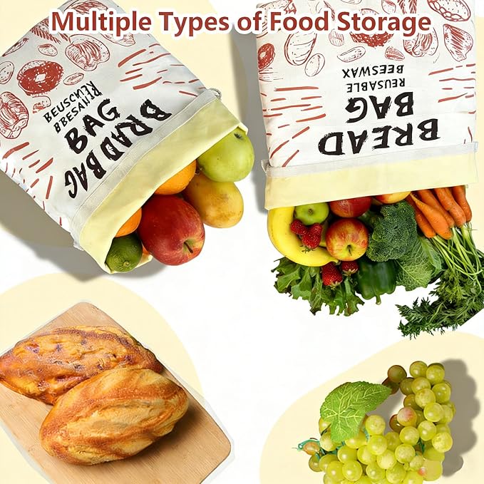 Bread Bags for Homemade Bread- 2 Packs XL Beeswax Bread Bag Reusable Homemade Bread Sourdough Organic Food Storage Bag to Keep Sourdough Fresh
