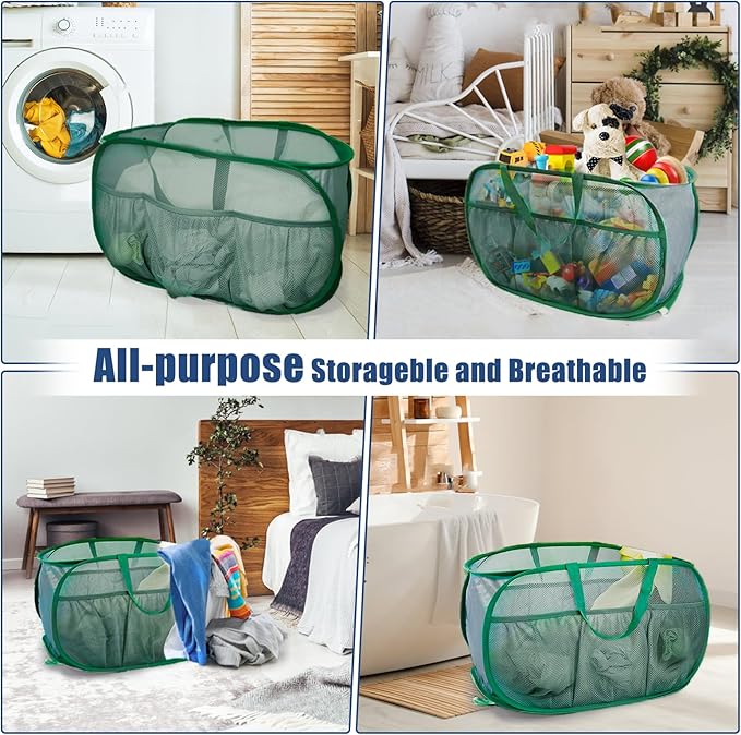 2 Pack Collapsible Laundry Baskets, Upgrade Pop Up Laundry Hamper with Convenient Bags, Foldable Laundry Basket Mesh Light Weight, Easy to Carry Clothes Hampers for Laundry, Dorm, Toys, Travel Green