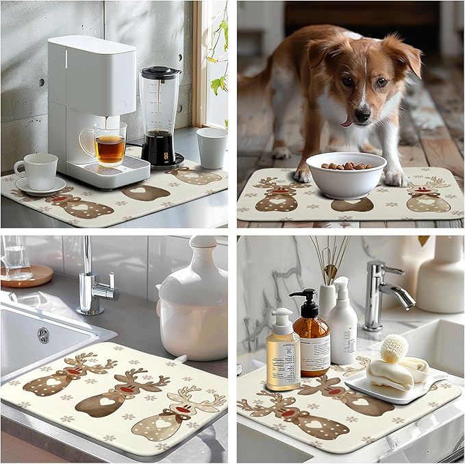 Wnoesat Christmas Reindeer Snowflakes Dish Drying Mat for Kitchen Counter 16x18 Inch Winter Xmas Holiday Drying Pads Microfiber Absorbent Dish Draining Mat Large Dish Drainer Rack Mat