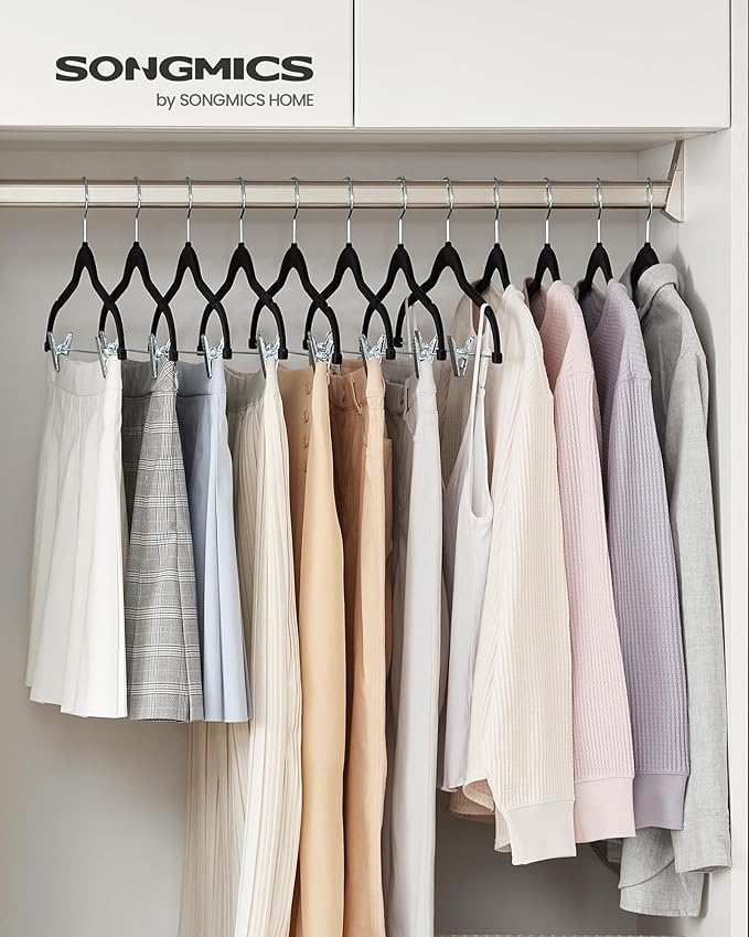 SONGMICS 30 Pack Pants Hangers, 16.7 Inches Long Velvet Trousers Hangers with Adjustable Clips, Heavy-Duty, Non-Slip, Space-Saving for Pants, Skirts, Coats, Dresses, Tank Tops, Black UCRF12B30