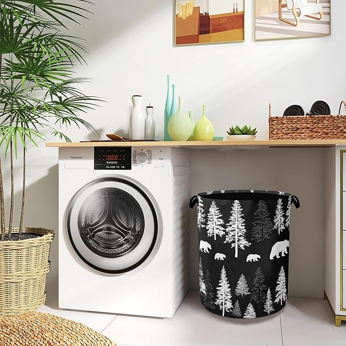 Bear Forest Laundry Basket,Winter Foldable with Handles Tote Bag Oxford Cloth for Bathroom Bedroom Dirty Clothes Storage Bucket 16" x 20.8"