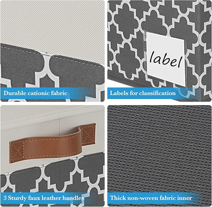 Large Storage Bins with Lids, Foldable Fabric Storage Baskets with Lids, Sturdy Storage Boxes with Labels and 3 PU Handles for Closet Home Bedroom Office (26L, 3 Packs, Grey Plaid&White)
