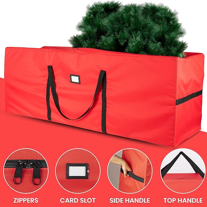 QUENTRO Heavy Duty Christmas Tree Storage Bag - Fits Up to 9ft Tall - Waterproof 600D Polyester Xmas Tree Bag with Reinforced Handles & Secure Zipper – Foldable Durable Holiday Storage Solution (Red)