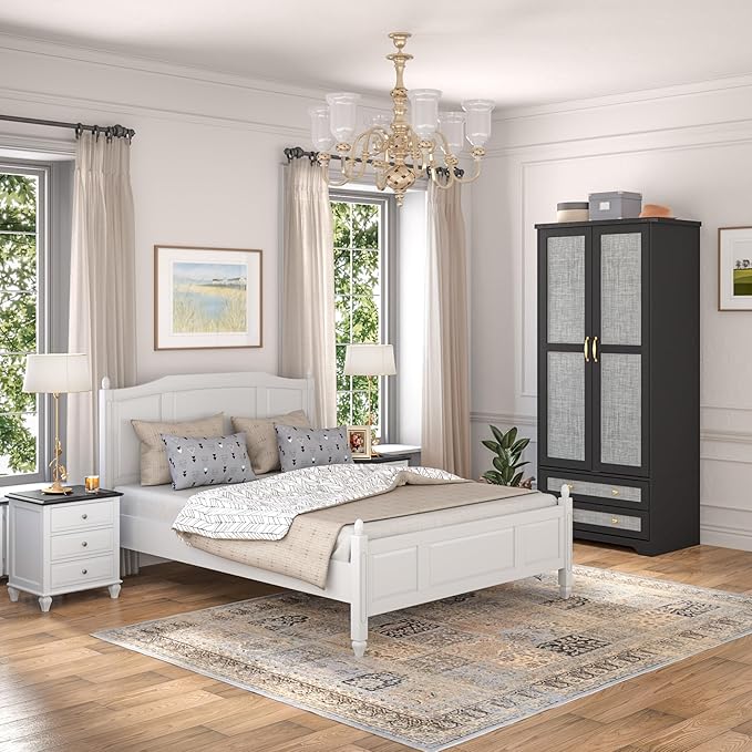 Brafab Armoire Wardrobe Closet with 2 Modern Doors Set of 2, 71" Tall Freestanding Closet Wardrobe Cabinet with Drawers and Hanging Rail, Wooden Storage Cabinet with Shelve for Bedroom, Black
