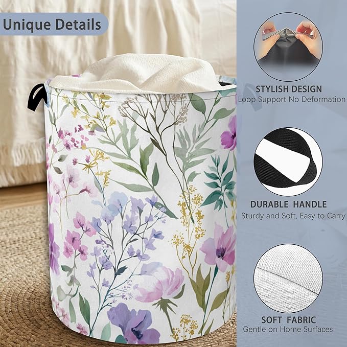 Wildflower Plant Laundry Basket,Botanical Oxford Cloth Laundry Hamper with Handle Foldable Portable Clothes Storage Basket for Bathroom Bedroom Dorm Room 16" x 20.8"
