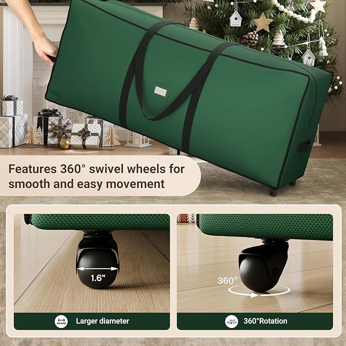 ELYKEN 7.5FT Christmas Tree Storage Bag with Wheels, Rolling Storage Bag for Artificial Christmas Tree and Decorations, Heavy Duty 600D Oxford Fabric, Length-Adjustable Handles, Dual Zippers, Green