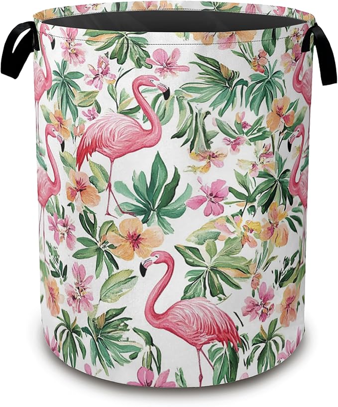 Pink Flamingo Laundry Basket,Floral Plam Collapsible Laundry Baskets with Handles,Waterproof Oxford Cloth Storage Basket 16"x20" for Bathroom/Bedroom/Dormitories