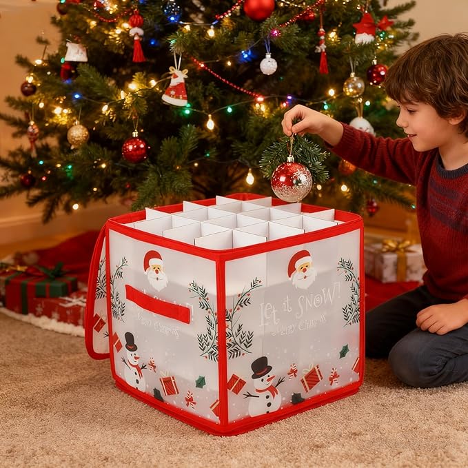 Pwsap 64 Christmas Ornament Storage Box with Handles, Santa Claus Storage Containers Organizer Bag with Dividers, Ultimate Organizer for 3In Xmas Ornaments, Seasons Balls, Holiday Decoration