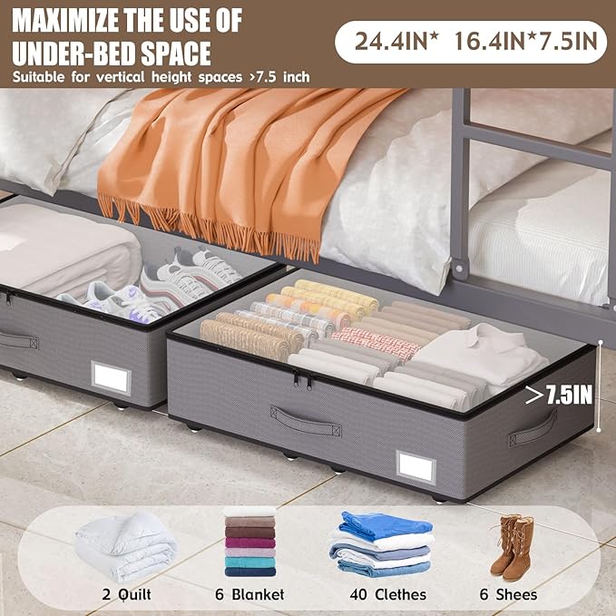 EE-RoomWorld Under Bed Storage with Wheels, No Assemble Required 7.5 inches height Under Bed Storage bins,Large capacity Rolling Underbed Shoe Storage containers，dorm underbed storage drawers