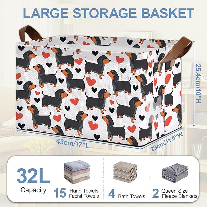 Dachshund Storage Basket,Red Heart Collapsible Storage Bin Cubes for Living Room Bedroom Blankets Home Storage 17x11.5x10Inch