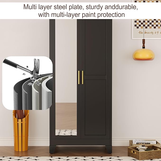 71" Metal Armoire Wardrobe Closet, Steel Clothing Storage Cabinet with Mirror and Adjustable Shelves, Household Steel Wardrobes Storage Cabinet with Adjustable Standing Feet and Hanging Rod（Black）