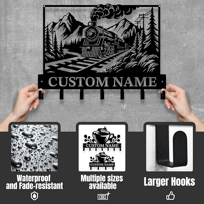 Personalized Train Metal Keys Hooks,Custom Name Metal Train Keys Hooks,Black Metal Train Wall Home Storage Decorative Keys Hooks,Key Holder Hooks for Wall (Style I)