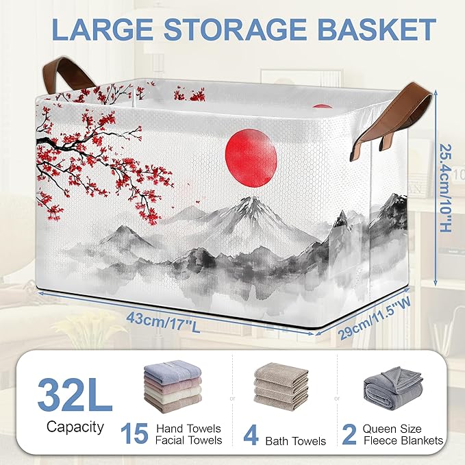 Cherry Blossom Collapsible Storage Box,Red Sun Japan Organizer Bin with Handles for Room Decoration,Bins Book Basket Box 17x11.5x10Inch