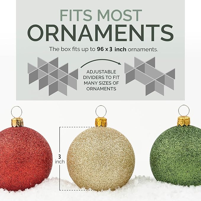 Christmas Ornament Storage Container,Box Stores Up to 96, Adjustable Dividers, Large Organizer Bin to Protect and Store Holiday Décor