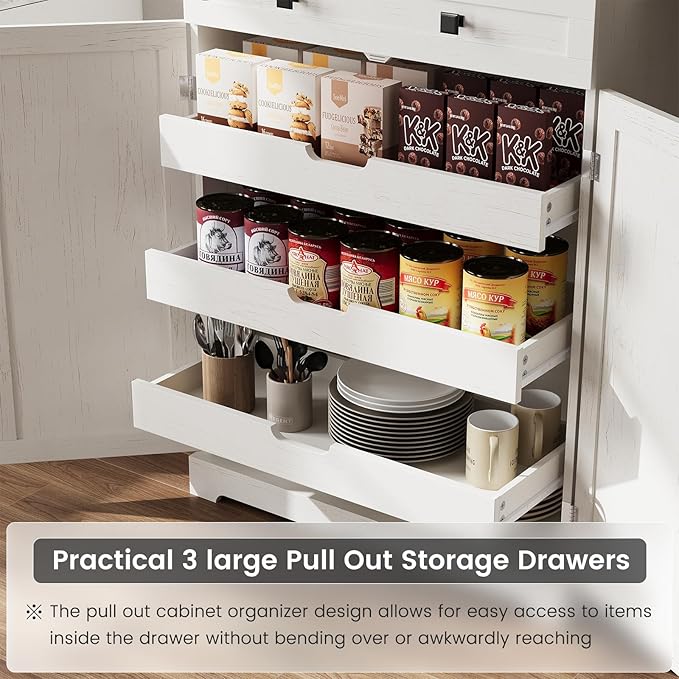 ELYKEN 72" Pantry Cabinet with Door Shelving & Sliding Shelves, Farmhouse Tall Kitchen Storage Cabinet with Door & Drawer for Dining Room, Living Room