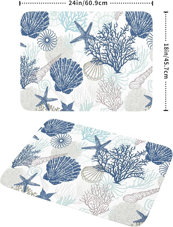 Summer Navy Blue Dish Drying Mat for Kitchen Counter 18×24 Inch Coral Drainer Pad Washable Starfish Dish Rack Pad Drainer Mat Beach Absorbent Reversible Microfiber Dish Drying Pad for Coffee Bar