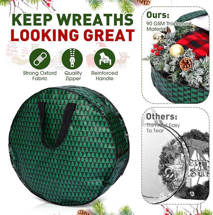5 Pack Christmas Storage Bags,7.5 ft Green Christmas Tree Large Bag, 24" Wreath Containers and 25" Garland Packing Tote Moving Bags with Handle Zipper for Artificial Xmas Tree Wreath Garland