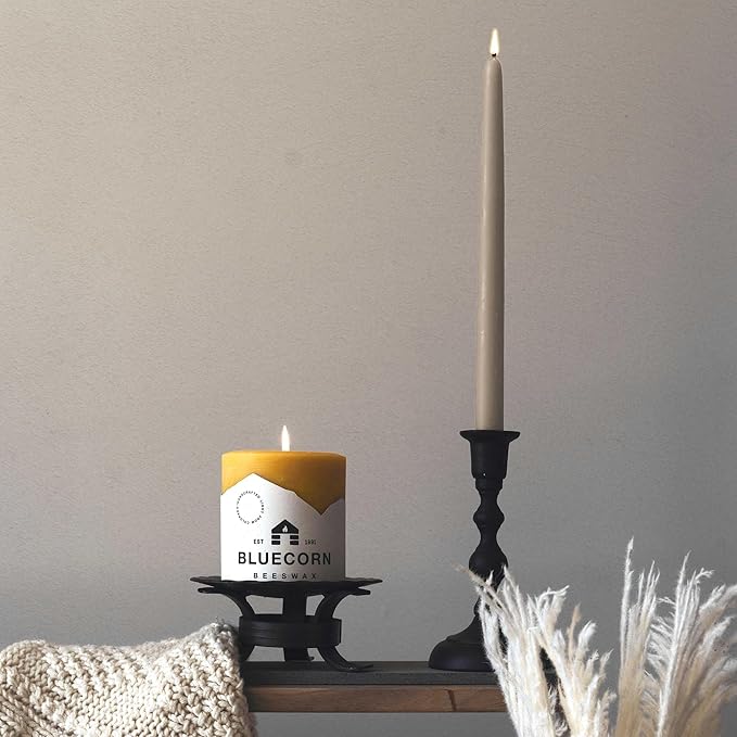 Bluecorn Beeswax Taper Candles, 100% Pure Natural Bees Wax, 10 Inch Pair, Grey Candlesticks, Unscented, Clean Burning & Dripless, Long Lasting, Thanksgiving & Christmas Decor, American Made, 1 Count