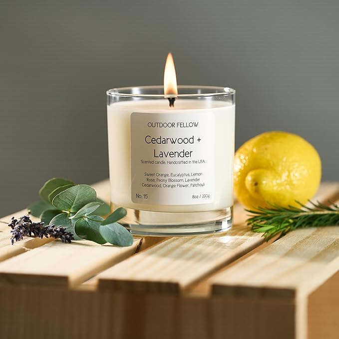 Outdoor Fellow Cedarwood and Lavender Scented Candle, 8oz, Coconut & Apricot Wax Blend, Sweet Orange, Lavender, Cedarwood, Reusable Glass, 40-50 Hour Burn Time