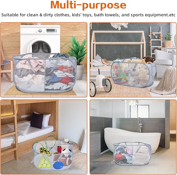 Sturdy Collapsible Laundry Baskets, Foldable Pop Up Laundry Hamper, Durable 2 Compartments Laundry Basket, Handy Pocket & Easy to Sort Clothes Hampers for Laundry, Dorm, Kids Room, Travel Grey