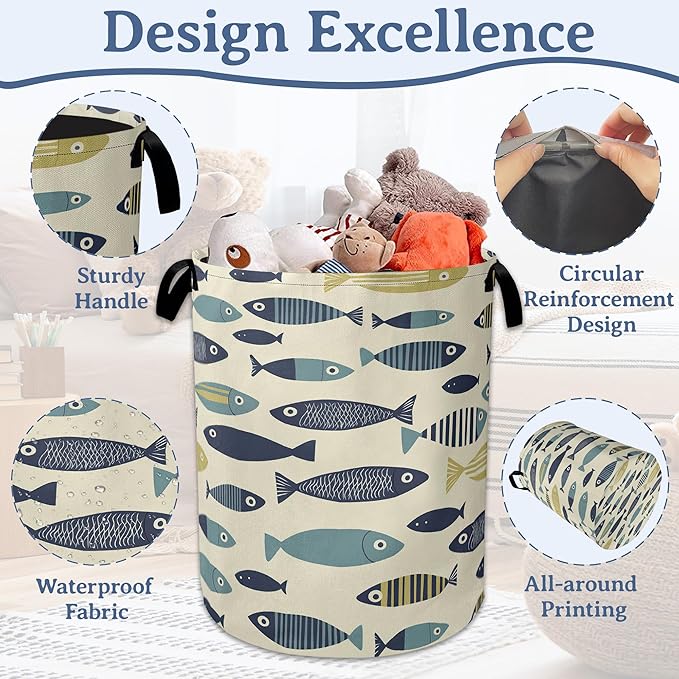 Cute Fish Laundry Basket,Foldable Oxford Cloth Boho Laundry Hamper with Handles, 20.8"x16" Tote Bag Clothes Storage Bucket for Laundry Room/Bathroom/Bedroom/Dormitories
