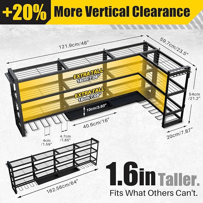 STURDIFLOW XLarge 64''W Power Tool Organizer Wall Mount | Modular&Corner-Fit 820lbs Garage Storage Rack with 8 Cordless Drill Holder | 4-Tier Heavy Duty Utility Shelf for Battery Workshop Organization