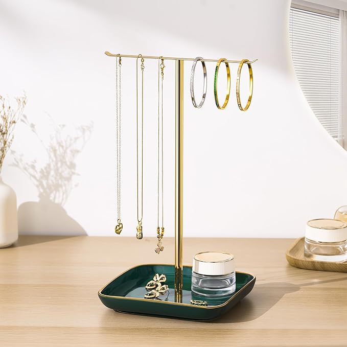 pickpiff Necklace Holder Stand with Ceramic Base: 12" Jewelry Tree Display Organizer for Necklaces, Bracelets, Rings, Earrings, Tall Gold and Green Stand for Women, Aesthetic Room Décor