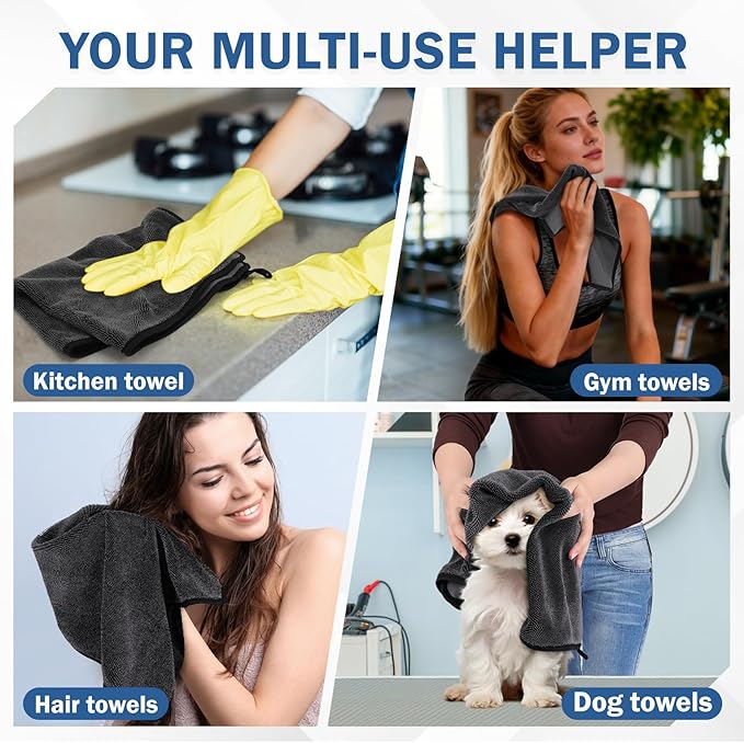 Navona 5 Pack Microfiber Car Drying Towels – Ultra Absorbent, Lint-Free Multi-Purpose Cloths for Car Wash, Bathroom Body Drying, Kitchen Cleaning & Sports Sweat Wiping