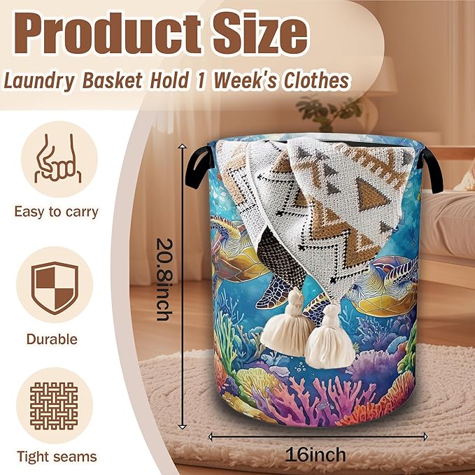 Sea Turtle Laundry Basket,Tropical Coral Fish Laundry Hamper Waterproof Oxford Cloth Tote Collapsible,Clothes Storage Bucket Decorative Toy Organizer For Bathroom Bedroom 16" x 20.8"
