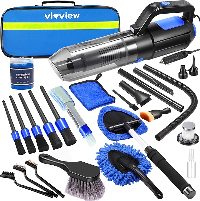 vioview 25PCS Car Cleaning Kit, Car Detailing Kit Interior with High Power Handheld Vacuum Cleaner, Windshield Cleaner, Cleaning Gel, Professional Auto Accessories for Men, Women