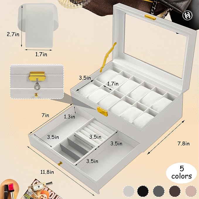 Ogrmar 12 Slot PU Leather Lockable Watch Storage Boxes, Men & Women Jewelry Display Drawer Case, 2-tier Organizer Watch Showcase with Glass Lid (White)