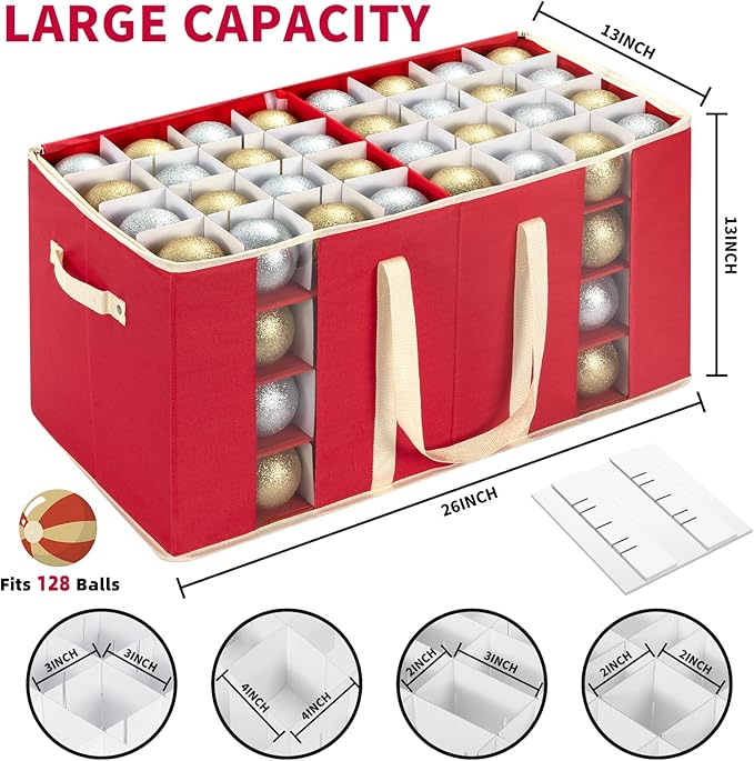 Large Christmas Ornament Storage Box With Adjustable Dividers,Ornament Storage Container with Two Handlesfor 128 Holiday Decorations,Red