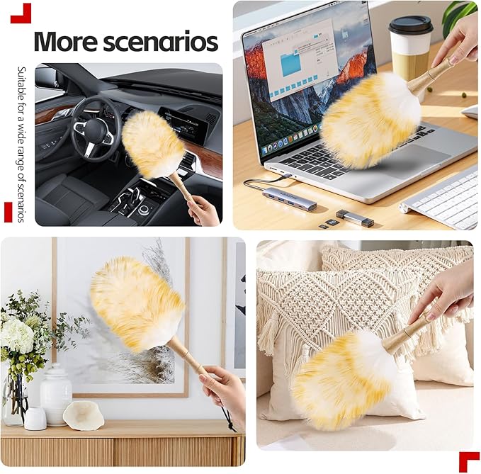 iHUFeather Lambswool Duster for Cleaning with Solid Wooden Handle Leather Hang Strap 14.9 inch Natural Feather Duster for Cleaning Ceiling Fans Window Blinds Computer Furniture(2 Pack)