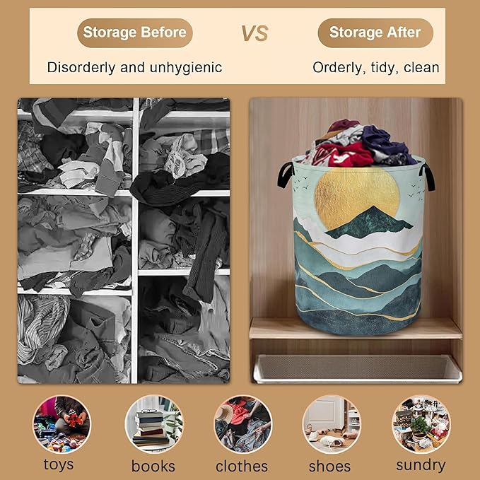 Green Mountains Collapsible Laundry Baskets,Golden Sunset Laundry Hamper,Storage Basket with Handles for Bathroom Bedroom College Dormitory Living Room Nursery Organizer 16"x20"