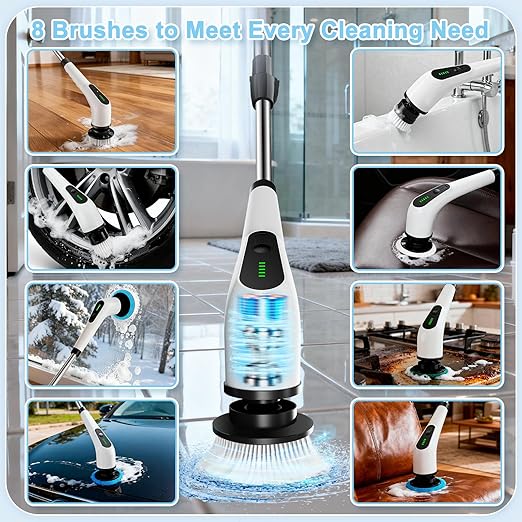 Electric Spin Scrubber, Cordless Cleaning Brush with 8 Replaceable Brush Heads, Shower Scrubber with Adjustable Extension Handle, Waterproof Power Scrubber for Bathroom Tile Floor Tub Car Walls